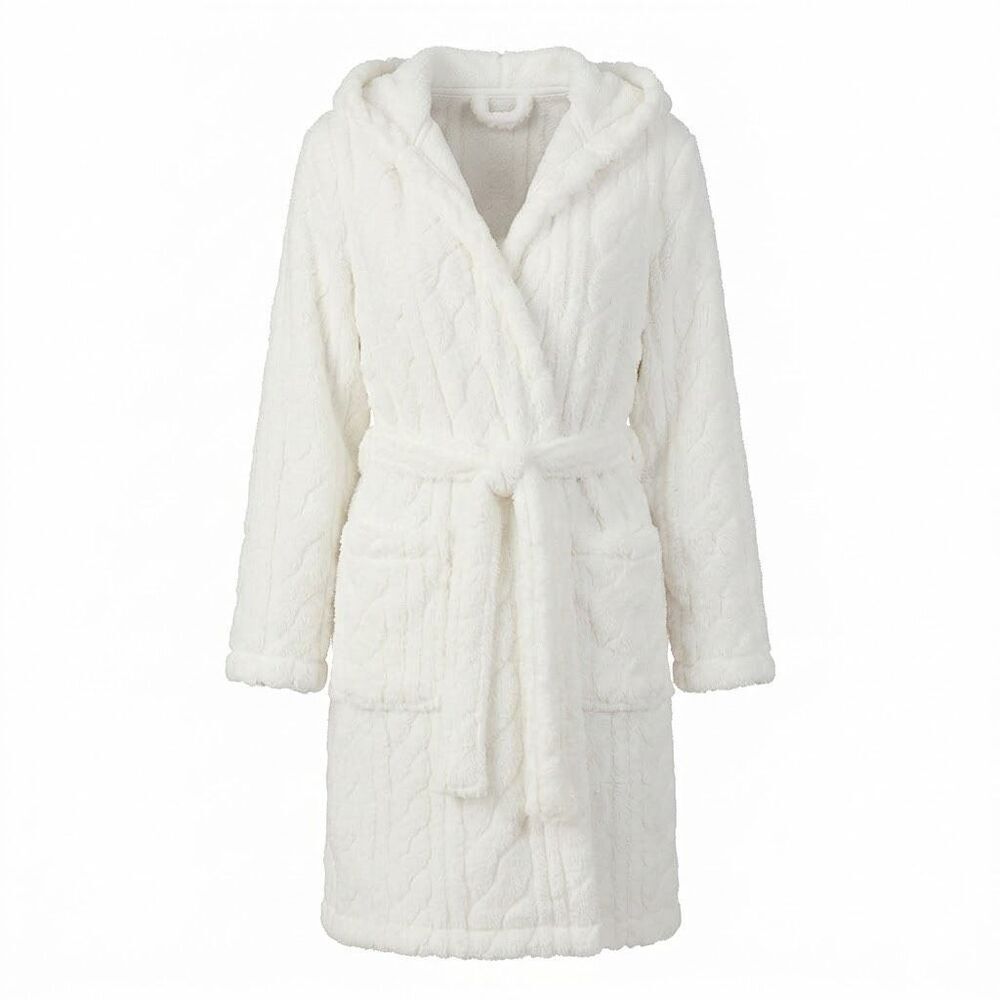 #962. Cuddl Duds Ivory Cable Jacquard Hooded Long-Sleeve Wrap Robe